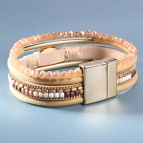 Miniatura 5 de FANCY SHINY- Pulseras de cuero de la envoltura de cuentas de cristal de la pulsera Boho Cuff piedra, dije, pulseras con cierre magnético de joyería