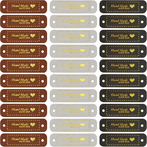 60 etiquetas de piel sintética, hechas a mano con amor, para coser, accesorios de punto con agujero para manualidades, costura, ganchillo, sombreros