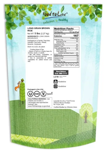 Miniatura 2 de Food to Live Arroz integral de grano largo, 5 libras, grano entero, crudo, sin pulir, kosher, arroz vegano. Flavor de nuez, textura masticable.