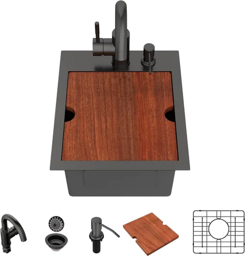 Miniatura 13 de Lordear - Fregadero de barra – Fregadero de barra dorado de 13 x 15 pulgadas con grifo dispensador de jabón, estación de trabajo, calibre 16 T304