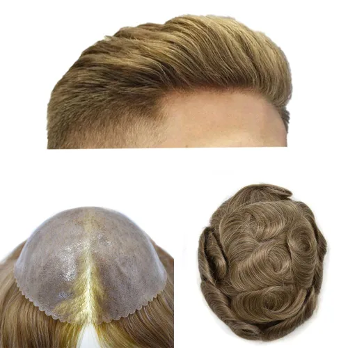 Miniatura 31 de Toupee para hombres Sistema de reemplazo de cabello humano Full Poly Mens Toupee Hairpiece inyectado PU peluca para hombre sistemas de cabello 1B#