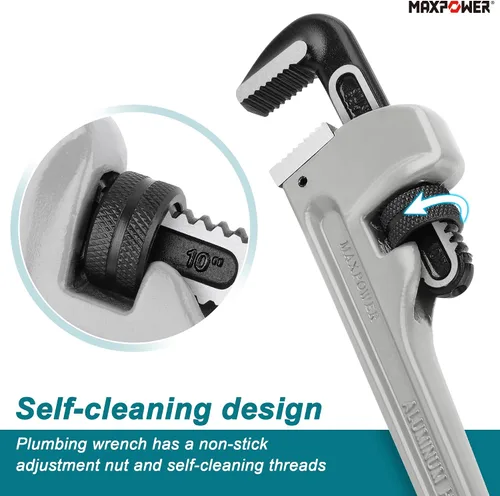 Miniatura 5 de MAXPOWER Llave de tubo de 10 pulgadas, llave de plomería ajustable de aluminio 40% más ligera