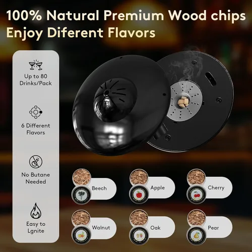 Miniatura 2 de Kit de ahumador eléctrico de whisky, kit de ahumador de cóctel con encendedor integrado con 6 virutas de madera, kit de ahumador de whisky sin