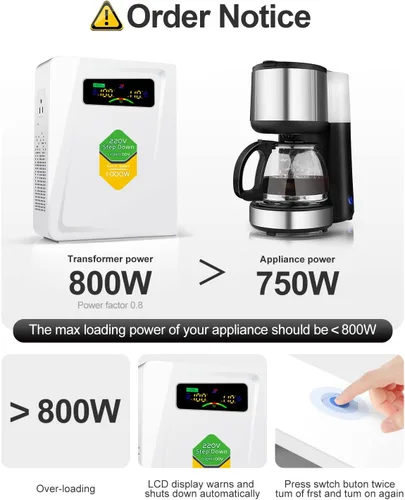 Miniatura 5 de Transformador de 220 V a 110 V de 1000 W, convertidor de voltaje de energía sin ruido, con diez funciones de protección, adecuado para máquinas