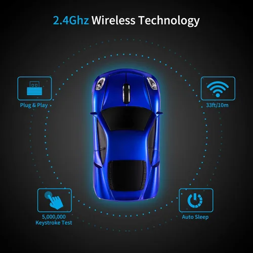 Miniatura 2 de Ratón de computadora de coche deportivo [actualizado] con faros LED, 1600 DPI 2.4 GHz ratón inalámbrico para PC y Mac, azul