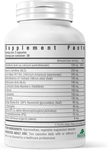 Miniatura 6 de PROVITA Neuro Max Suplemento de apoyo cognitivo Apoyo vegano para el nervio y la memoria Acetil L-carnitina, ginkgo biloba, melena de león