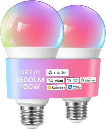 Miniatura 10 de OREiN Matter Bombilla Inteligente, 1100 Lúmenes Equivalente a 75W Bombillas Inteligentes, Bombillas de Luz que Cambian de Color Funcionan con Apple
