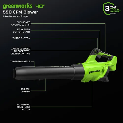 Miniatura 3 de Greenworks Soplador axial de hojas sin escobillas de 40 V (130 MPH / 550 CFM), ultra potente para hojas húmedas, residuos pesados, grava y nieve