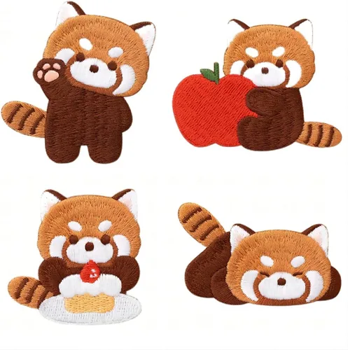 Parche bordado de panda rojo de dibujos animados, autoadhesivas, parches de mapache pequeño, calcomanías de tela para bordar sin costura para ropa,