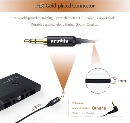 Miniatura 3 de Arsvita - Adaptador de audio de cassette a auxiliar para automóvil, con cable de audio auxiliar de 0.14 pulgadas
