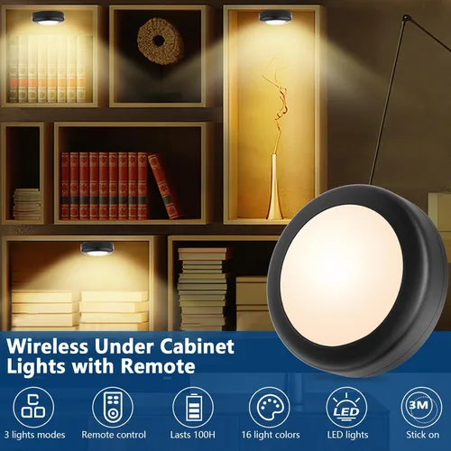 Miniatura 2 de Yiliaw - Paquete de 6 luces LED de disco con control remoto, 16 colores cambiables, iluminación LED debajo del gabinete, luces operadas por Negro