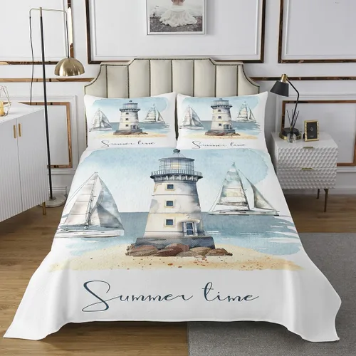 Miniatura 2 de Erosebridal Juego de colcha náutica, juego de edredón de lancha de vela, faro, acuarela con temática oceánica, juego de ropa de cama de verano
