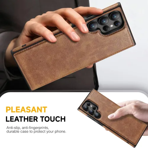 Miniatura 3 de Diseño compatible con Samsung Galaxy S22 Ultra 5G, funda de cuero de lujo, delgada, antideslizante, agarre suave, a prueba de golpes, funda Marrón