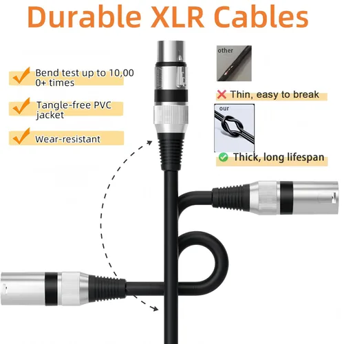 Miniatura 8 de XLR Cables - Paquete de 6 cables XLR macho a hembra con 3 pines chapados en oro, cable de micrófono corto blindado equilibrado para mezclador