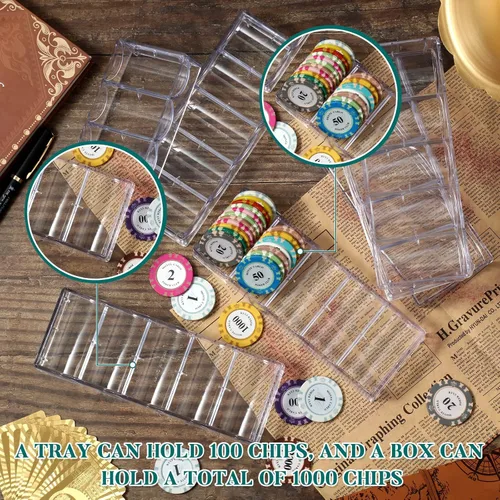 Miniatura 6 de Hiboom 1 estuche acrílico para fichas de póquer, juego de 1000 bandejas de chips de capacidad para fichas, incluye vitrina acrílica portadora y 10