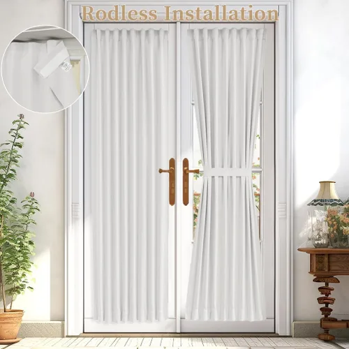 Vatge - Cortinas autoadhesivas para puerta francesa, tratamiento de ventana con filtro de luz sin varillas ni perforaciones para puertas de cristal