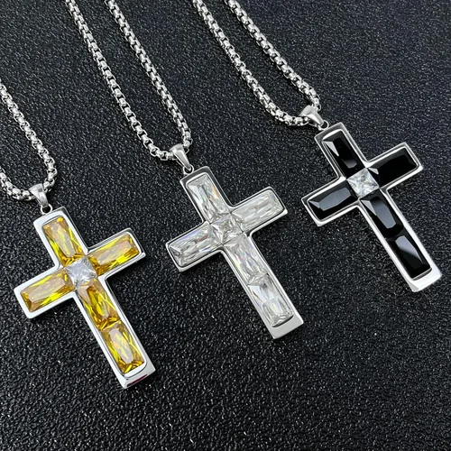 Miniatura 7 de Collar de cruz con piedra de nacimiento para hombre, collar de cruz de acero inoxidable 316L con colgante de cruz de circonia cúbica para mujer