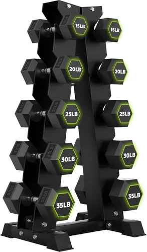 Miniatura 11 de HANDBODE Rubber Coated Hex Dumbbell Set with A-Frame Rack, 100 lb - 550 lb Multiple Options Weight, Hexagon Non-Rolling Shape, Ergonomic Knurled