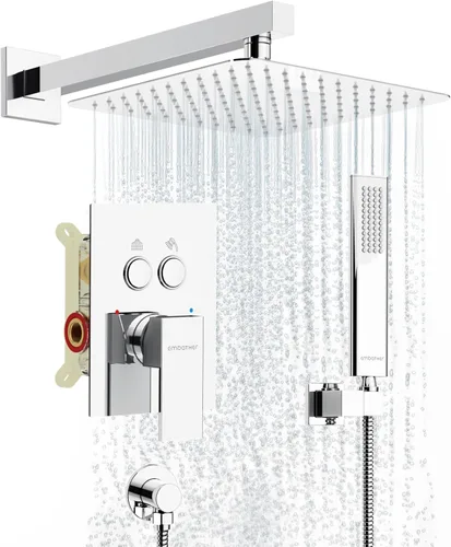 Miniatura 16 de Juegos de sistema de grifería de ducha negros: EMBATHER Juego combinado de ducha con cabezal de lluvia superior de 10 pulgadas con ducha de mano