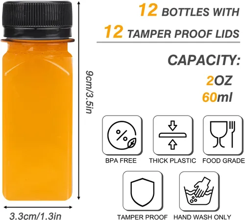 Miniatura 2 de TOMNK 12pcs 2oz Plastic Shot Juice Bottles with Caps, Reusable Clear Bulk Beverage Containers for Ginger Shot, Juice, Milk and Other Beverages