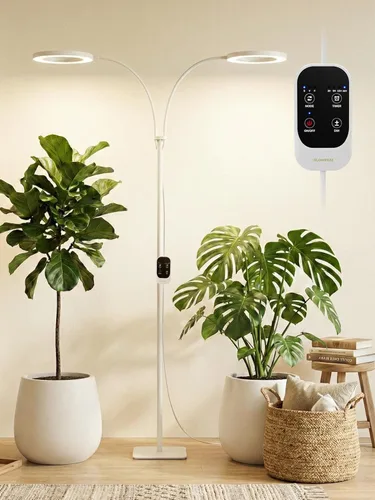 GLOWRIUM Luz de Cultivo LED de Doble Cabezal de 48W para Plantas de Interior, Altura Ajustable de 23.5-71", Espectro Completo de 3 Etapas de Blanco