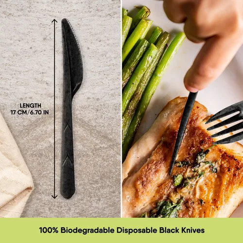 Miniatura 2 de Cuchillos negros 100% biodegradables de alta calidad hechos de fibras vegetales, 100 piezas de 6.7 pulgadas de largo, cuchillos negros ecológicos