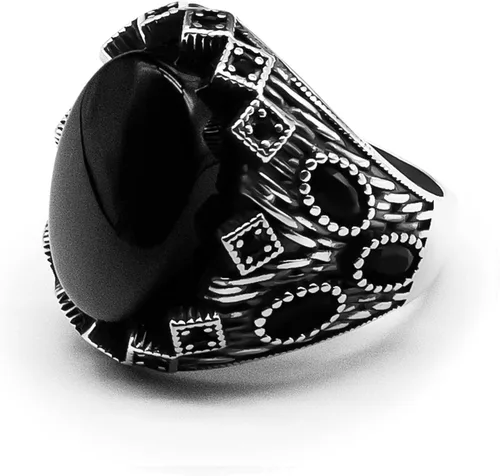SKOOMEN Anillo para hombre en plata de ley, anillo de ónix para hombre con caja de regalo, anillo Aqeeq para hombre, anillo grande hecho a mano,