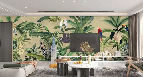 Miniatura 43 de Papel pintado botánico de selva tropical Hojas verdes de planta murales Estética para decorar habitación Sala de estar Fondo de TV Gran mural de B033