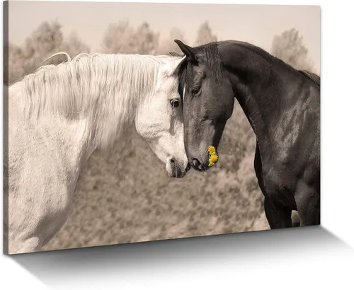 Miniatura 12 de Lienzo decorativo de caballo de granja: gran marco de caballos en blanco y negro, impresiones de retratos de pareja amistosa, imagen de corceles
