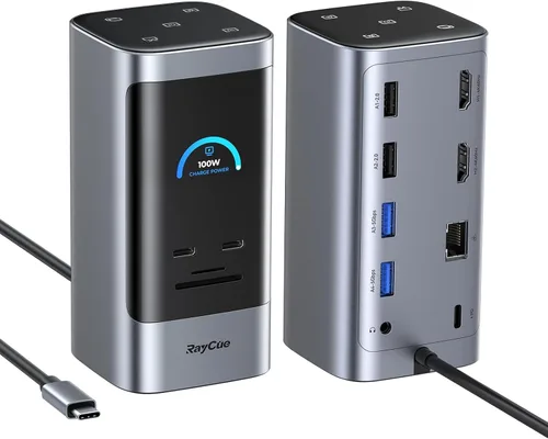 Miniatura 10 de RayCue Estación de acoplamiento USB C, pantalla triple 15 en 1 con 5 botones de acceso directo, pantalla inteligente, DP y HDMI, 10G USB A/C