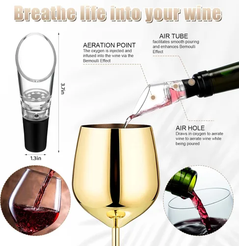 Miniatura 3 de Patelai 4 piezas de vidrio dorado de acero inoxidable con 2 vertedores aireadores, copas de vino de metal irrompibles con tallo dorado para boda
