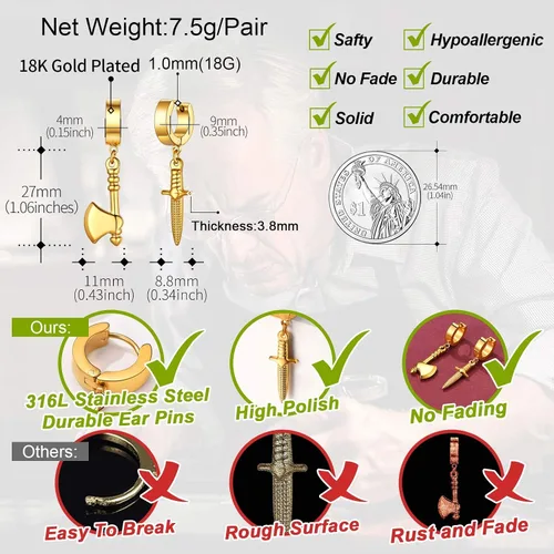 Miniatura 3 de FaithHeart Aretes de aro Huggie para mujer, acero inoxidable, chapado en oro de 18 quilates, aretes colgantes de gota de AnkhCrossCandkBocina
