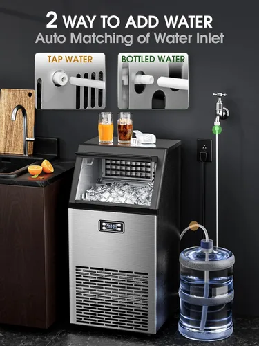Miniatura 2 de Máquina comercial para hacer hielo, máquina de hielo de acero inoxidable de 100 libras/24 horas con capacidad de almacenamiento de 33 libras