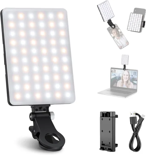 NEEWER Basics NL-60AI - Luz para selfie para teléfono con clip frontal y trasero, 60 LED 2000 mAh recargable CRI95+, 3 modos, iluminación de relleno