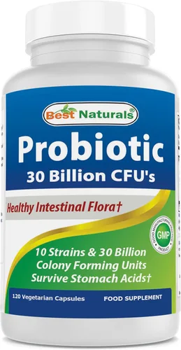 N°1 probiótico 10 cepas de 30 mil millones por vcap, estables, veganas, de Best Naturals, mejora la digestión, la función inmune, y la densidad ósea