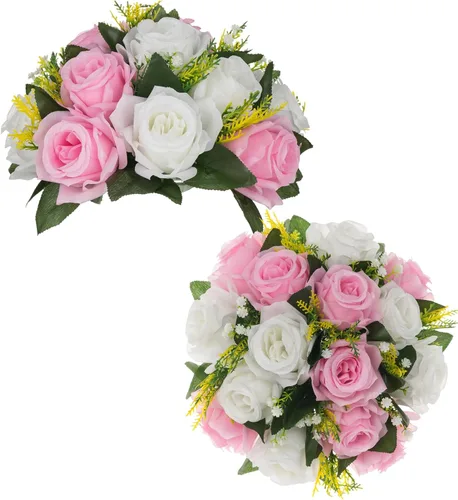 Miniatura 13 de BLOSMON Bolas de flores, centros de mesa de rosas de boda: 2 piezas de flores falsas carmesí decoración de bolas de besos Arreglos florales