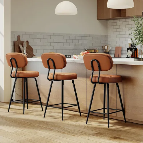 Miniatura 8 de Furniliving - Juego de 2 taburetes de bar giratorios de 26 pulgadas, taburetes modernos de altura de mostrador de cuero sintético con respaldo alto