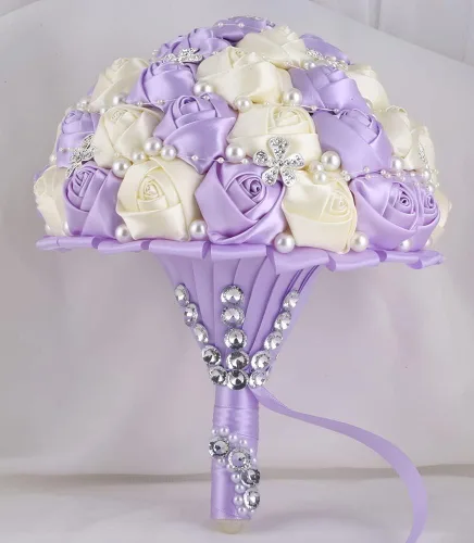 Miniatura 35 de Sharebeauty Ramo de novia de satén hecho a mano de 5.9 pulgadas, ramo de boda, ramo de flores artificiales, color azul claro + blanco W224