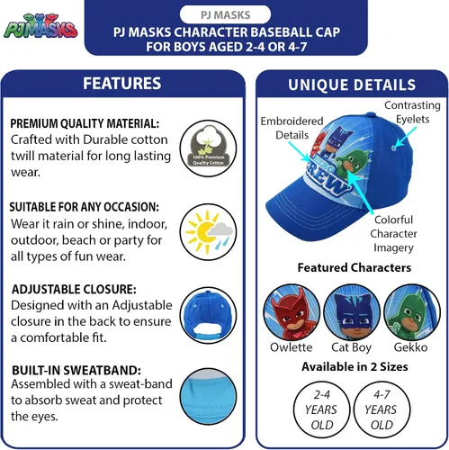 Miniatura 2 de PJ Masks Gorra de béisbol de algodón para niños con bordado (de 2 a 7 años)
