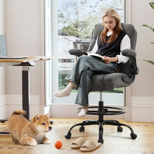 Miniatura 2 de Silla de dibujo alta para escritorio de pie, silla de escritorio alta ergonómica con anillo de pie ajustable, reposabrazos abatibles, soporte Gris