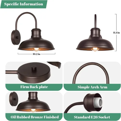 Miniatura 6 de Paquete de 2 luces de porche de cuello de ganso para exteriores, accesorios de luz de granero impermeables para montaje en pared, aplique de pared