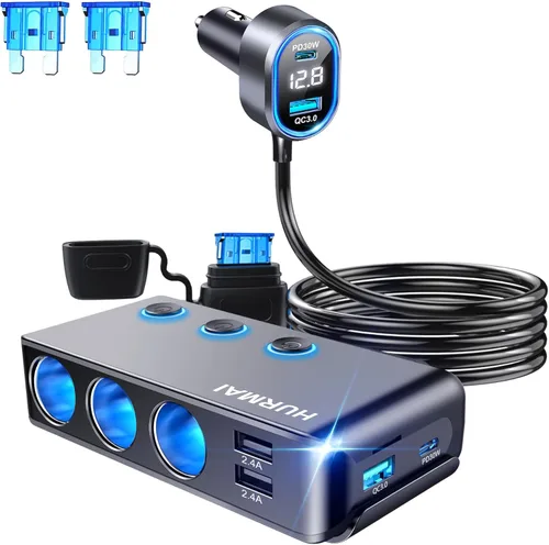 Divisor de encendedor de cigarrillos 9 en 1,Adaptador de encendedor de cigarrillos de coche de 264 W 3 zócalos,Tipo-C QC3.0 PD 30W carga,Camión