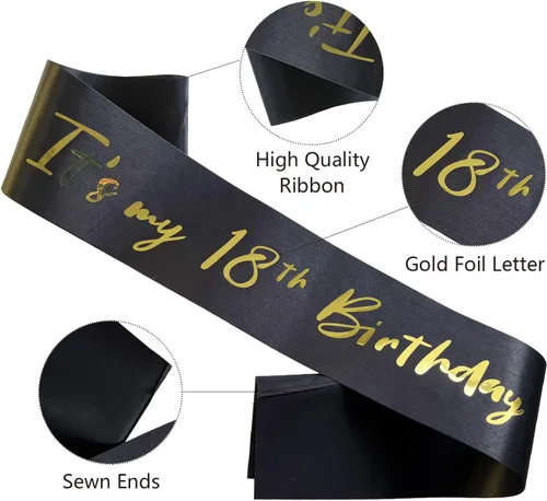 Miniatura 2 de Banda de cumpleaños número 18, bandas suaves de satén negro con letras de papel de aluminio dorado, decoración de banda de 18 años, regalos