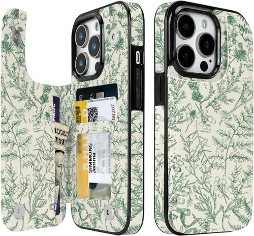 Miniatura 25 de Funda compatible con iPhone 14/15 con tarjetero y ranuras integradas de piel sintética con función atril y a prueba de golpes para iPhone 14/15