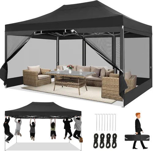 COBIZI Toldo desplegable resistente de 10 x 15 con 4 paredes laterales, Gazebo comercial tienda para fiestas con pared de malla antimosquitos, fácil