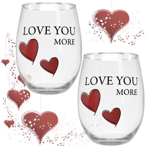 Miniatura 2 de BANBERRY DESIGNS Lover's - Juego de 2 copas de vino sin tallo "Love You More" con corazones decorativos, copas de vino románticas para él