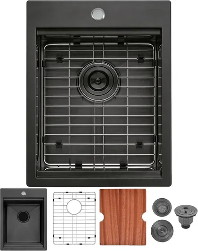Fregadero de Barra Negro de Montaje Inferior, Fregadero de Cocina de Acero Inoxidable de 15x20 Pulgadas, Estación de Trabajo de Montaje Superior