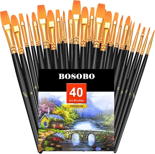 BOSOBO - Juego de pinceles de pintura, 4 paquetes, 40 unidades, pinceles de punta redonda puntiaguda, cerdas de nailon, pinceles para pintura Negro