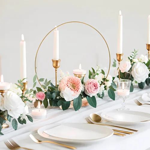 Miniatura 2 de 25 Piezas Aro Floral de Metal de 12 Pulgadas con Soporte para Mesa, Anillo de Corona Dorada de Macramé de Metal con 25 Piezas de Soportes con Base