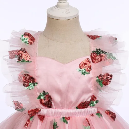 Miniatura 3 de IDOPIP Baby Girls Sequin Strawberry Cherry Tutu Dress Summer Backless Lace Princess Birthday Party Dress with Headband Outfit